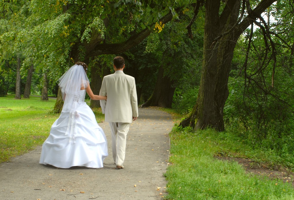 The groom and bride walk on park